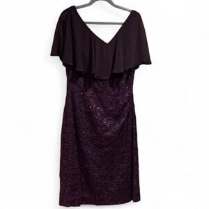 Connected Apparel Plum Purple Sequin Lace Capelet Sheath Dress - Size 16